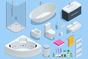 Isometric furniture elements, bathroom elements shower cabin, shower, bathtub, toilet bowl, bidet and heated towel rail - obrazy, fototapety, plakaty