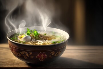 Steaming bowl of pho noodle soup by AI Generate
