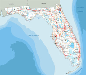 High detailed Florida road map with labeling.