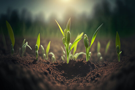 Fresh green sprouts of maize in spring on the field, soft focus. Growing young green corn seedling sprouts in cultivated agricultural farm field. Agricultural scene with corn's sprouts in soil