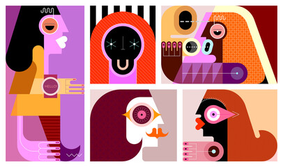 Pop art design of five different people portraits graphic illustration.