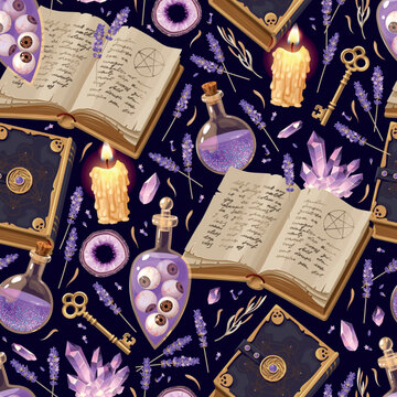Vector seamless pattern with magic book and flower