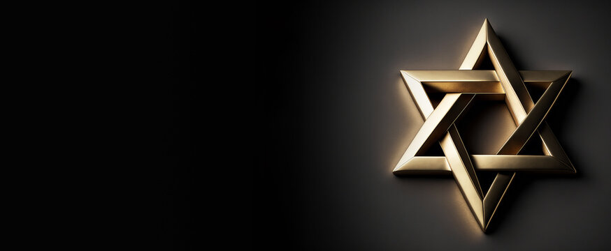 Judaism Symbol,Golden Star of David on black background wide banner, Generative AI. Golden hexagram