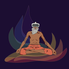 Old buddhist meditating wearing VR helmet. Vector illustration in comix drawing style - obrazy, fototapety, plakaty