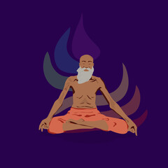 Elderly bearded man doing yoga in the lotus position