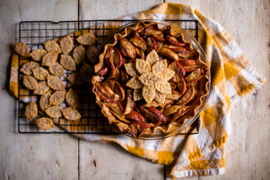 High angle view of warm baked apple pie