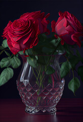 Red roses in a crystal vase | Valentine's day special | Happy valentine's day | 14th of Feb | Romantic, love | roses in a glass vase isolated on a dark background | Ai Generative | Photorealism 