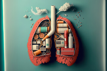 World No Tobacco Day and the idea of quitting smoking with a cigarette and a lung. combining paper collage with digital craft. Generative AI