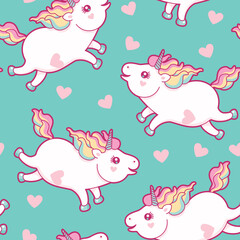Seamless pattern with cute unicorns and hearts