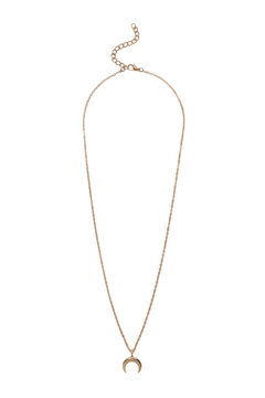 Close-up shot of a gold necklace with a crescent moon pendant. The necklace features a lobster clasp. The necklace is isolated on a white background. Front view.