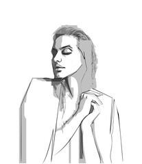 Line art, woman - female portrait. Vector drawing minimal black line color. Images of beauty young lady face. Illustration graphic design for fashion, poster