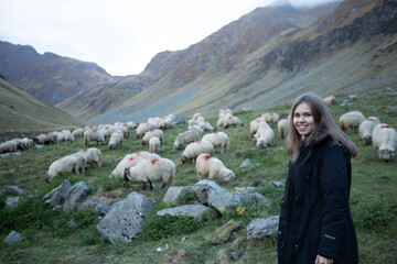 a girl with a big dog sit on the grass in the mountains and watch the sheep. a woman tourist with a...