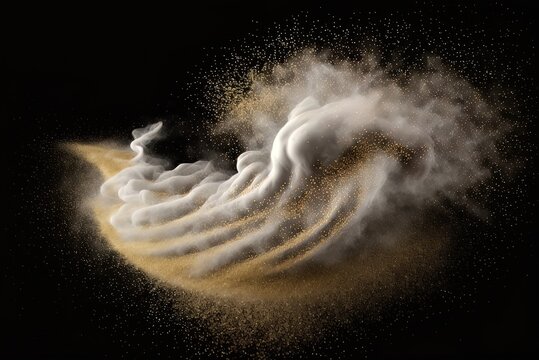 Golden Powder Flows And White Dust Sprays Stand Out Against A Clear Backdrop. Generative AI