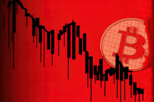 Bitcoin's value is declining. on a red graph, bitcoin. Red background, descending graphs, and a bitcoin crash. Generative AI