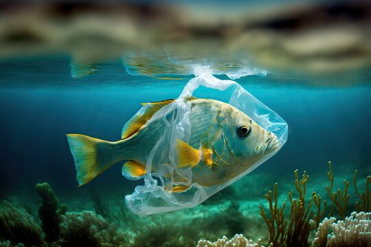 Fisch mit Plastiktüten, Umweltverschmutzung - ai generiert