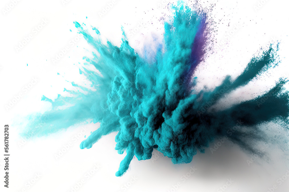 Sticker Abstract background with blue powder splatters, freeze motion of color powder exploding throwing, and color glitter texture on white. Generative AI