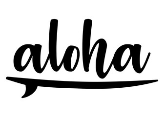 Logo destino de vacaciones. Letras de la palabra hawaiana aloha en texto manuscrito con silueta de tabla de surf © teracreonte