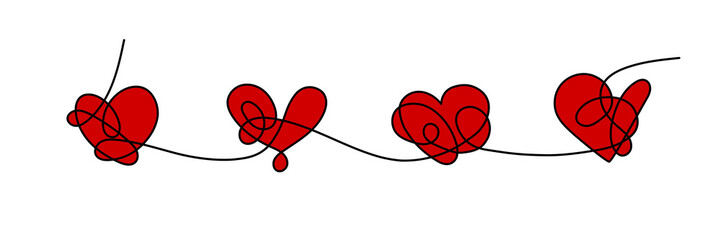 Line art creative drawing of four heart sign. Gift card with Love.