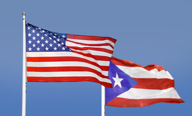 Flag USA and Puerto Rico isolated on sky background