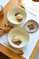 Fine dine dessert with almond mousse