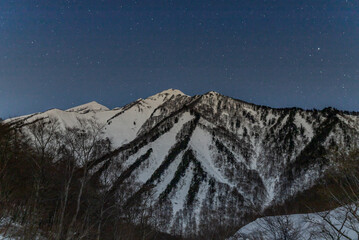 一ノ倉沢から月光に照らされ白く輝く白毛門と笠ヶ岳