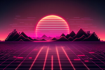 80s video game background in retro style. 80s futuristic Grid landscape. electronic cyber surface Appropriate for designs in the 1980s fashion. illustration. Generative AI