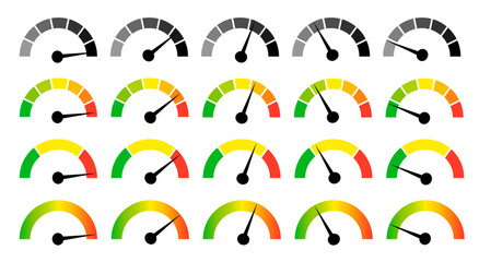 Speedometer gauge meter icons. Vector scale, level of performance. Speed indicator .Infographic of risk, gauge, score progress. - obrazy, fototapety, plakaty