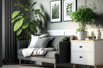 Green plant on a scandinavian cabinet with drawer and a cozy couch with pillows in a gray, simple living room interior with place for a coffee table. Real photo. Generative AI
