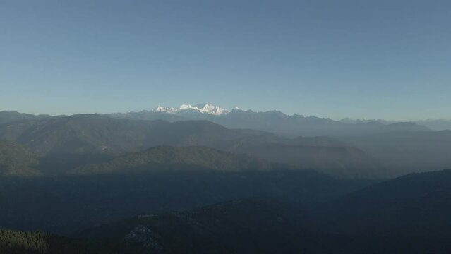 HD drone footage of a misty morning in the mountains, kanchenjunga in the view