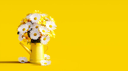 Fototapeta Beautiful spring flowers in yellow watering can on yellow background with copy space 3D Rendering, 3D Illustration obraz