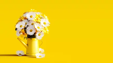Badkamer foto achterwand Beautiful spring flowers in yellow watering can on yellow background with copy space 3D Rendering, 3D Illustration © hd3dsh