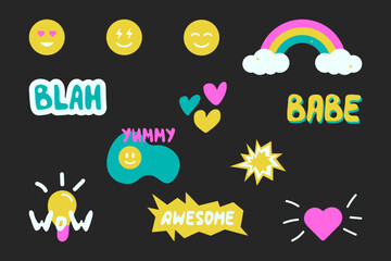 Collection of cute stickers. Funky, hipster stickers. y2k style.