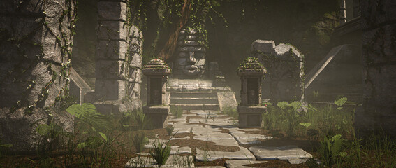 3D illustration rendering. Dark old ruined sanctuary