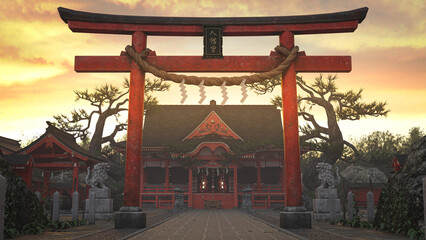 3D illustration rendering of the Shinto shrine at sunset