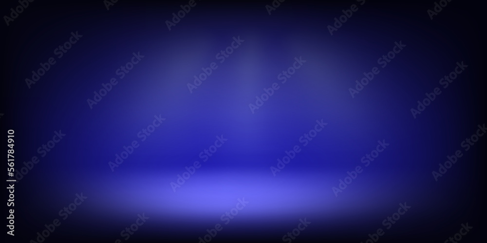 Poster Abstract illuminated empty blue stage with bright projectors. Design template. 3d vector background
