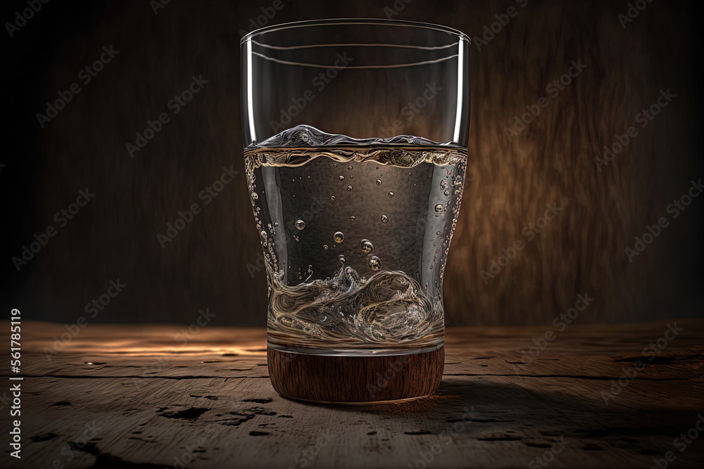 Sticker a glass that is set on a wooden bar is filled with water. generative ai