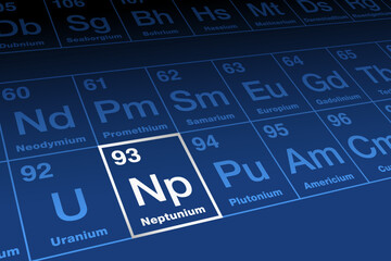 Neptunium on periodic table of the elements. Radioactive metallic element in the actinide series with atomic number 93 and symbol Np, named after planet Neptune. Precursor for plutonium-238 formation.
