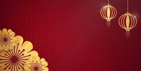 Obraz premium Illustration Japanese or Chinese Golden Background with Lanterns and Sakura