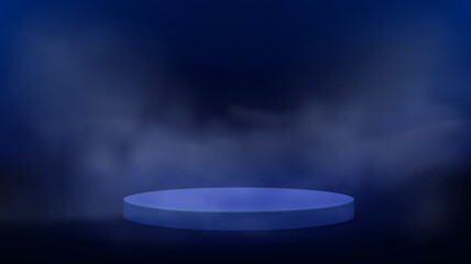 Blue interior with glowing projectors, podium and smoke. 3d vector illustration