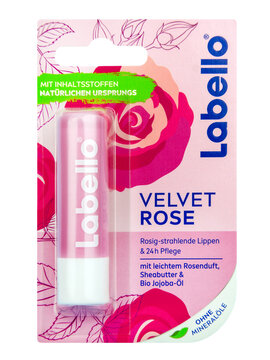 Labello Pflegestift Velvet Rose mit Verpackung  Hintergrund transparent PNG cut out