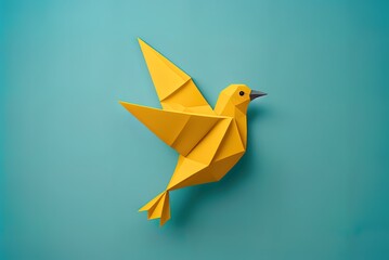 It's a bird made out of origami, and it's yellow. Simple Layout with Copy Space and a Turquoise Background. Generative AI - obrazy, fototapety, plakaty