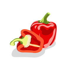 Red peppers isolated on white background. One bell pepper and a half. Halved pepper