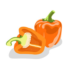 Orange peppers isolated on white background. One bell pepper and a half. Halved pepper