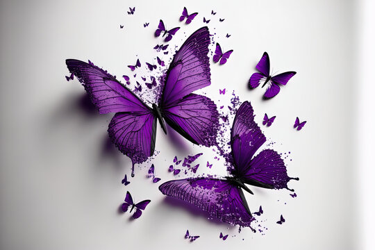 Soaring purple butterflies isolated on white background. High quality photo. Generative AI