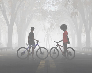 3d illustration of two teenage boys with their bikes on a forest road looking a strange and menacing figure lurking in the fog before them