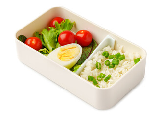 Healthy food delivery in take away box isolated on white background