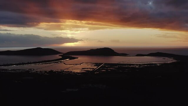 Drone view of sunset over the lagoon of Pylos