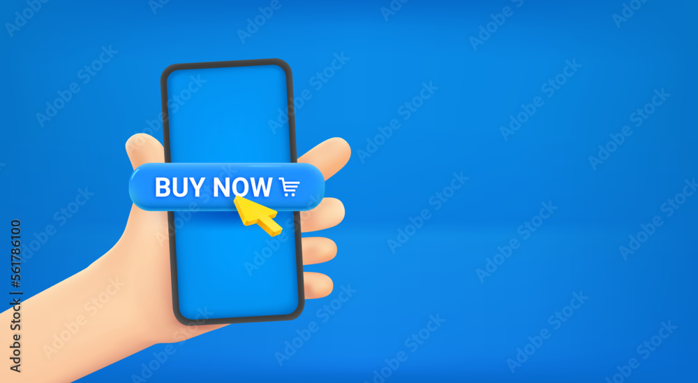 Poster Man holding smartphone with buy now button. Vector banner with copy space