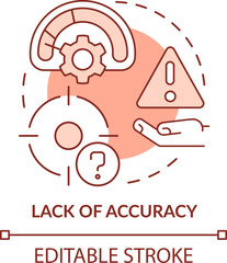 Lack of accuracy red concept icon. Challenge faced by corporate treasurers abstract idea thin line illustration. Isolated outline drawing. Editable stroke. Arial, Myriad Pro-Bold fonts used