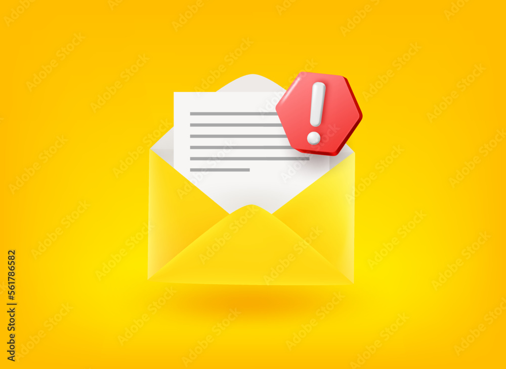 Aufkleber paper envelope with exclamation point. vector 3d illustration